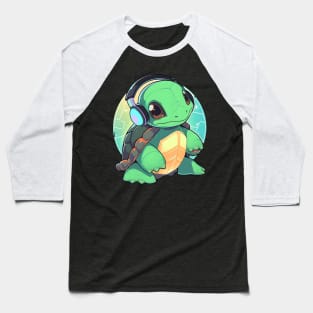 Green Turtle with Headphones Baseball T-Shirt